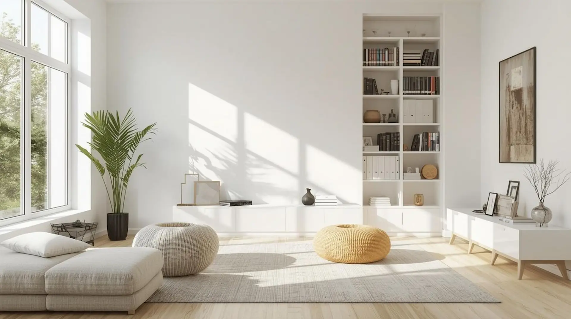 Living minimalist cu design modern, ilustrând calitatea execuției după lucrări de decopertare și demolări București și Ilfov