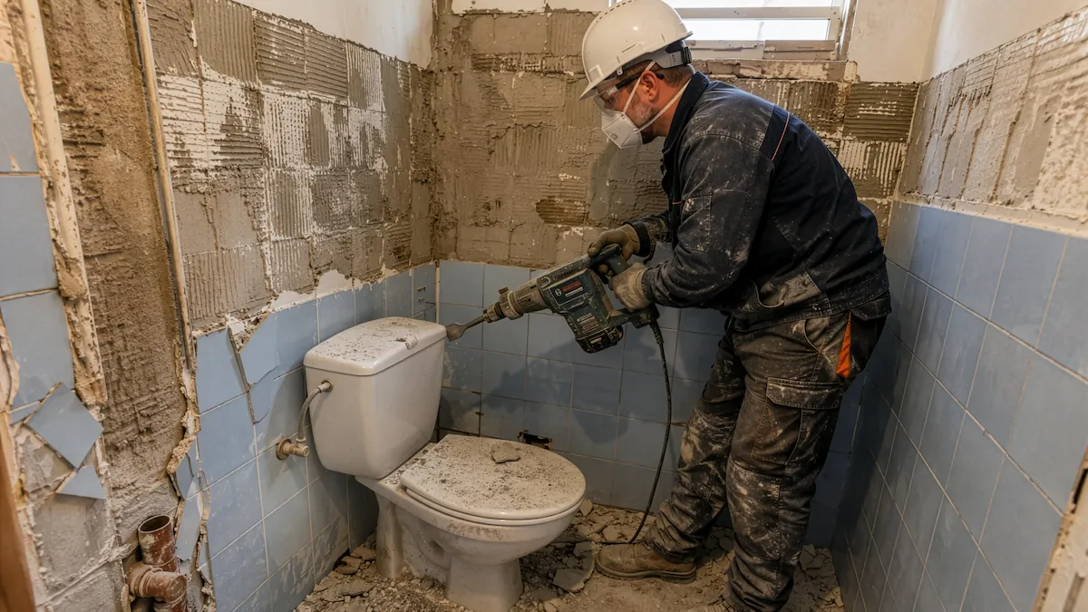 Muncitor cu pickhammer la decopertarea faianței într-o baie din bloc, București