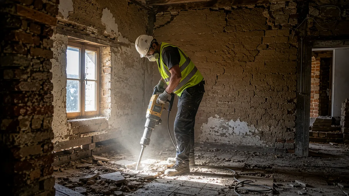 Muncitor cu pickhammer demolând o clădire veche din pământ și cărămidă, Belgia