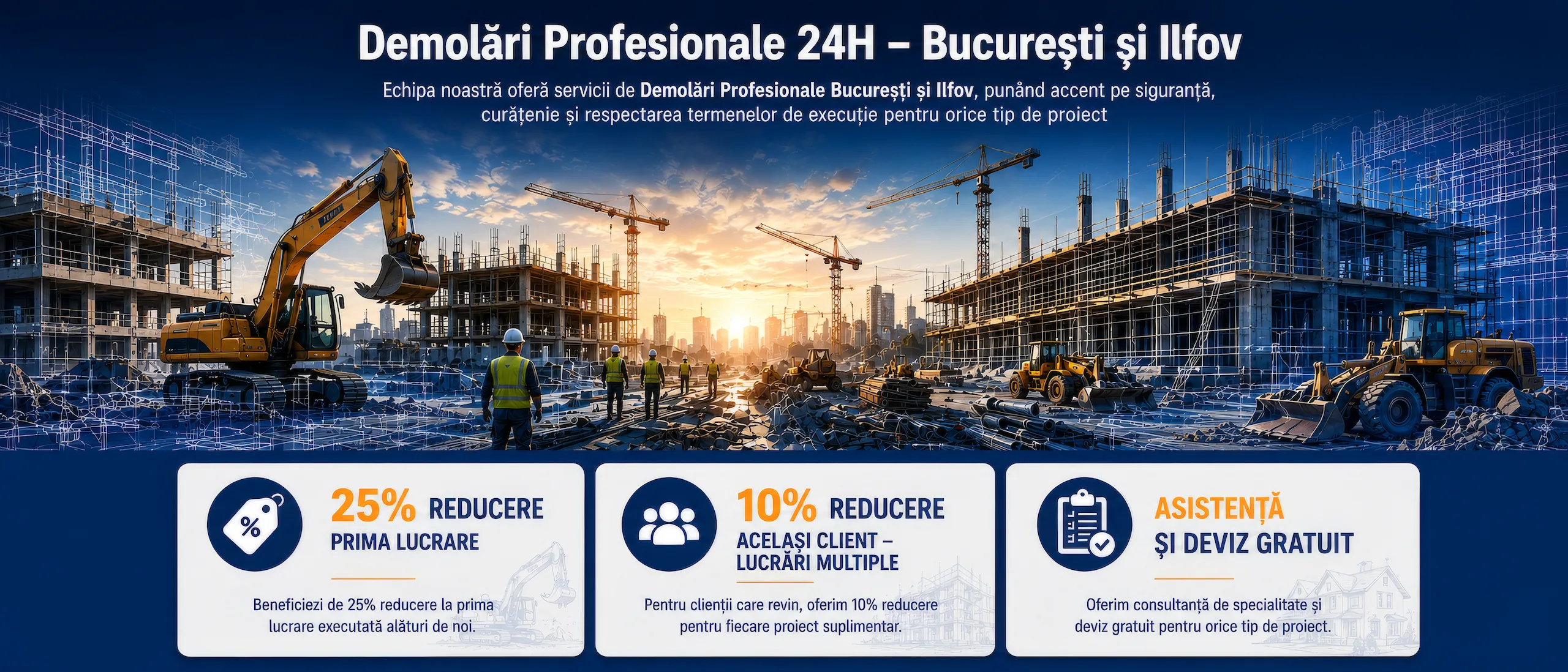 Demolări profesionale în București și Ilfov – excavator și echipă pe șantier de construcții