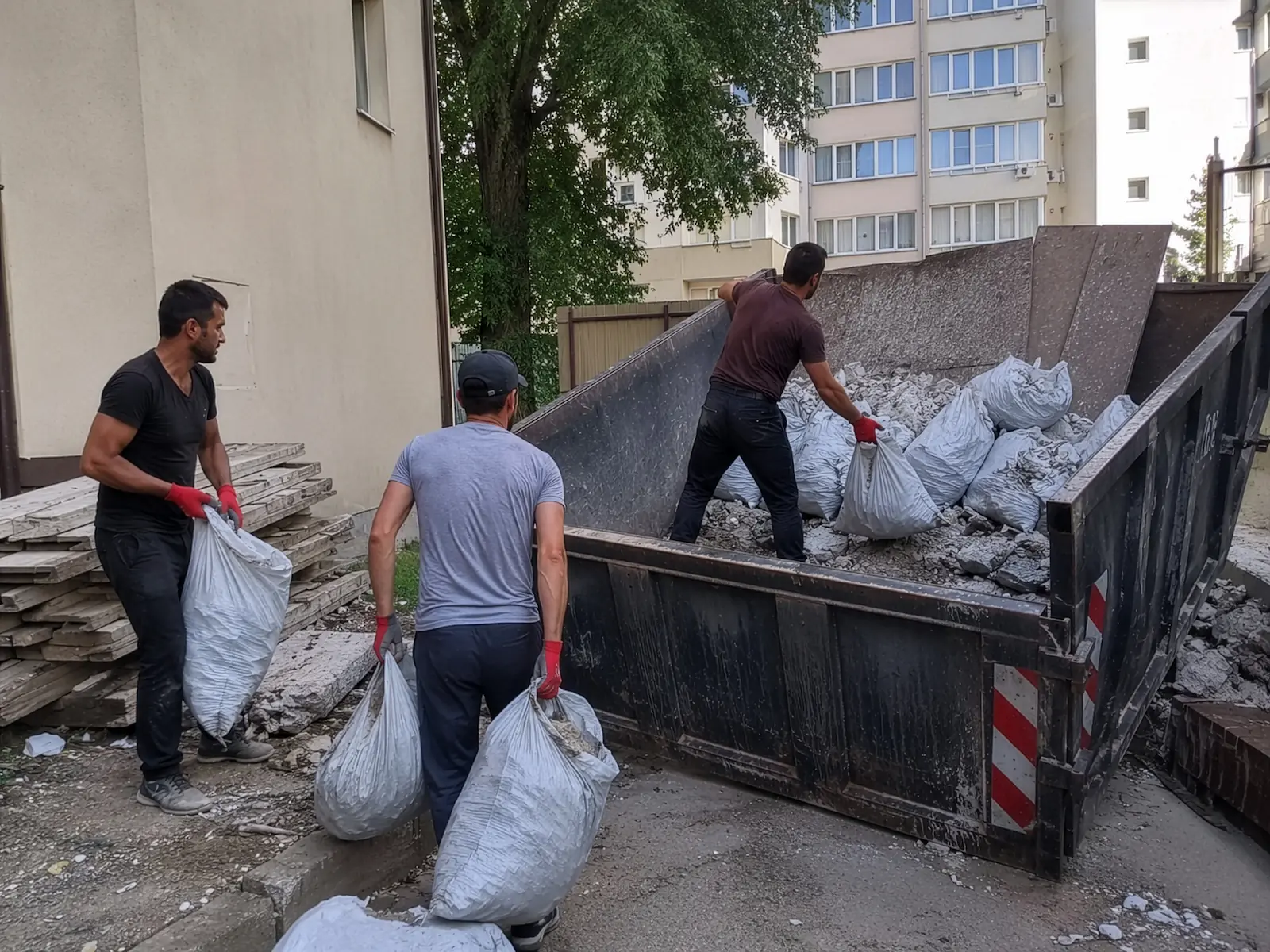 Muncitori care încarcă saci cu moloz într-un container pentru evacuare