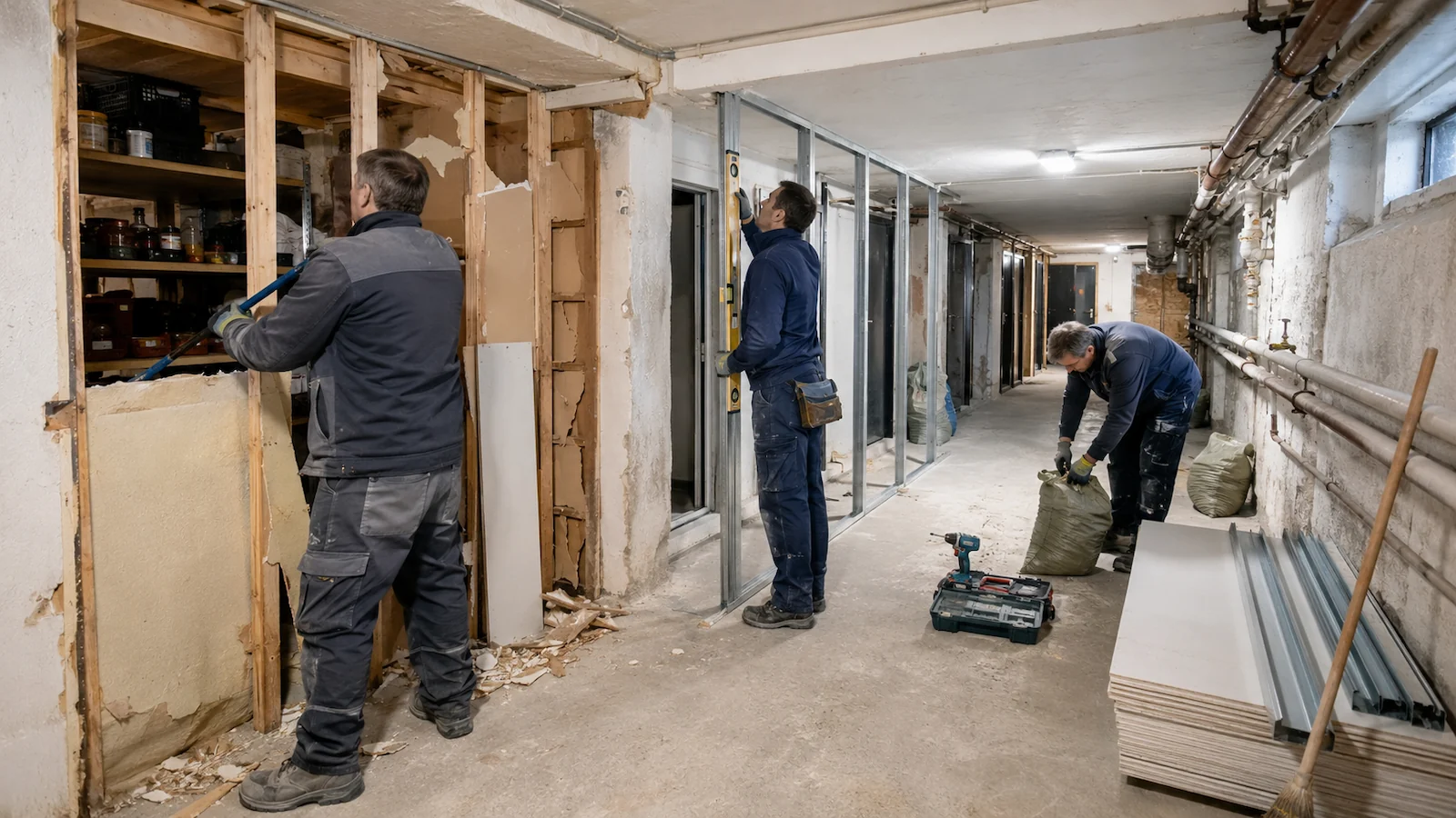 Lucrări pentru asociații de proprietari într-un subsol de bloc aflat în reconfigurare