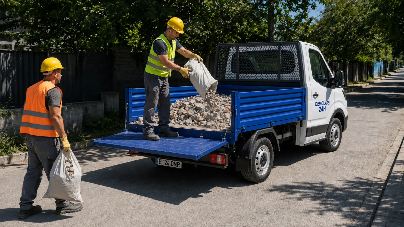Evacuare moloz cu doi muncitori echipați care descarcă saci într-o mașină cu platformă